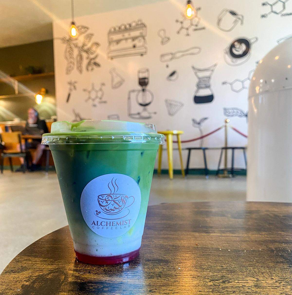 Seasonal Strawberry Matcha latte at Tower Districts Alchemist Coffee shop.
