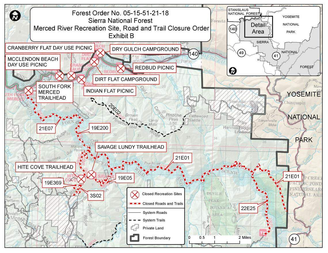 A map of recent Sierra National Forest closures.