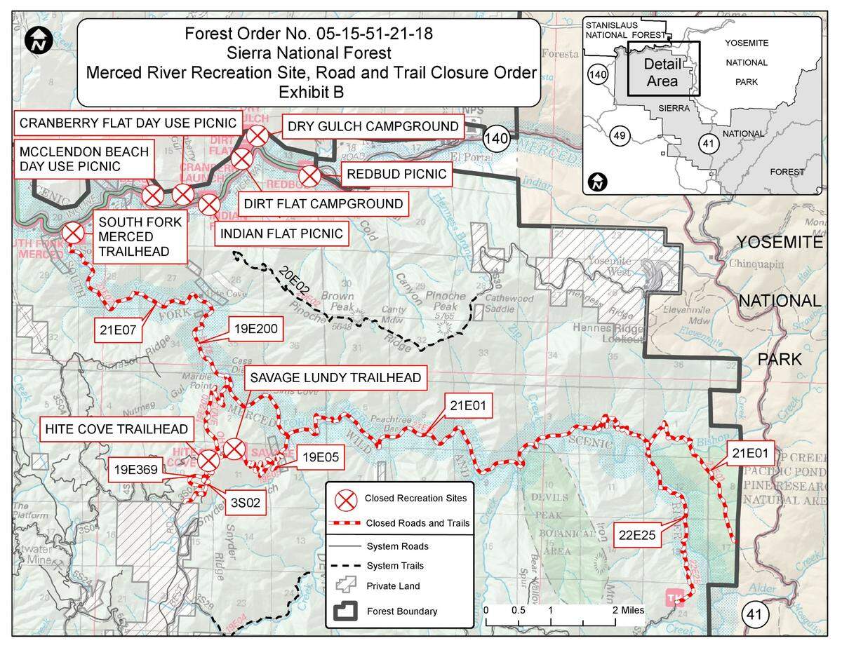 A map of recent Sierra National Forest closures.
