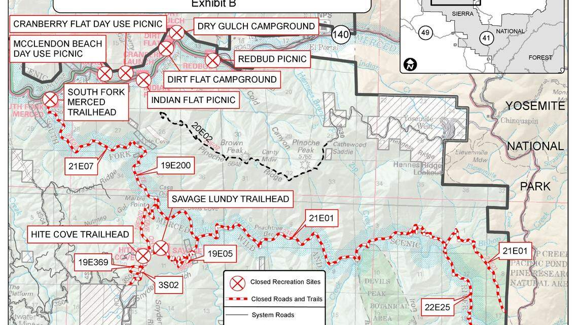 A map of recent Sierra National Forest closures.