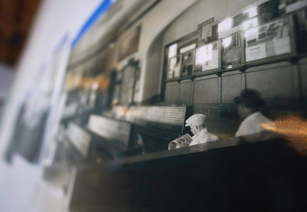 A vintage photo of the Anchor Stage Depot is seen as Nora Monaco offers a tour of a Brewery District building in February, 2021. The space has been rented to a whiskey bar.