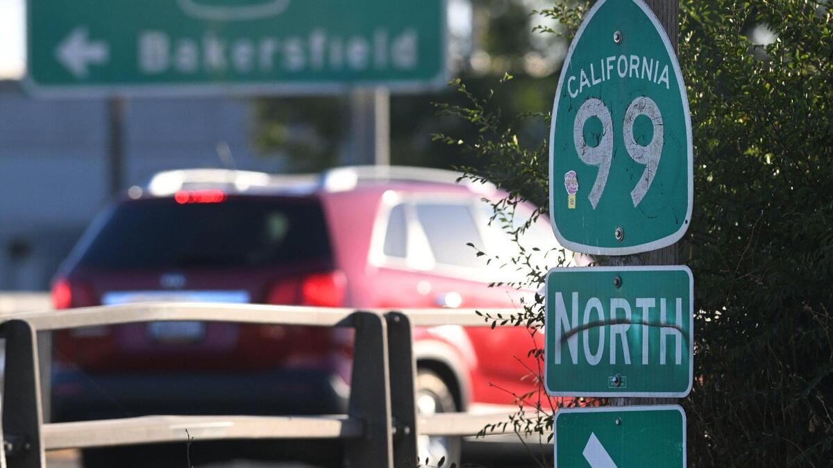 A northbound California State Route 99 onramp sign is seen at Stanislaus Street Tuesday, Oct. 17, 2023 near downtown Fresno.