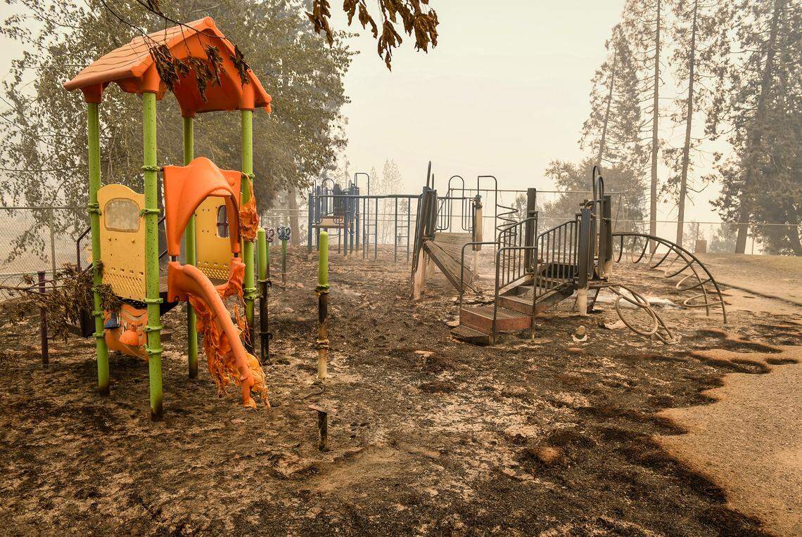 The playground at Pine Ridge School appears damaged after the Creek Fire ravaged the area overnight, on Tuesday, Sept. 8, 2020. The school building appeared to be mostly undamaged, however.