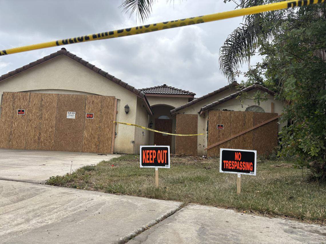 The house on West Brian Avenue in north Porterville where an eviction notice was served by the Tulare County Sheriff Office is shown Monday, April 13, 2026. Deputy Randy Hoppert was shot and killed near the home.