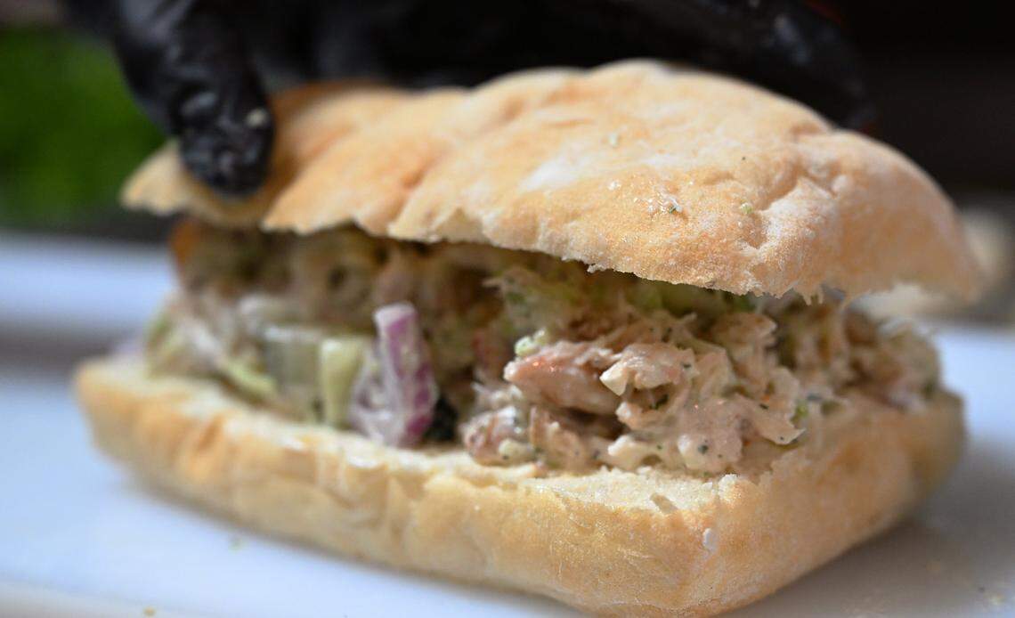 A crab salad sandwich is one of the popular offerings at Facoaccia which was opened by Sanjay Gadh and his wife Renu Arora almost 6 months ago. Focaccia serves cold, hot and panni sandwiches and salads and offers fresh made focaccia bread. Photographed Thursday, Sept. 18, 2025 in Fresno.