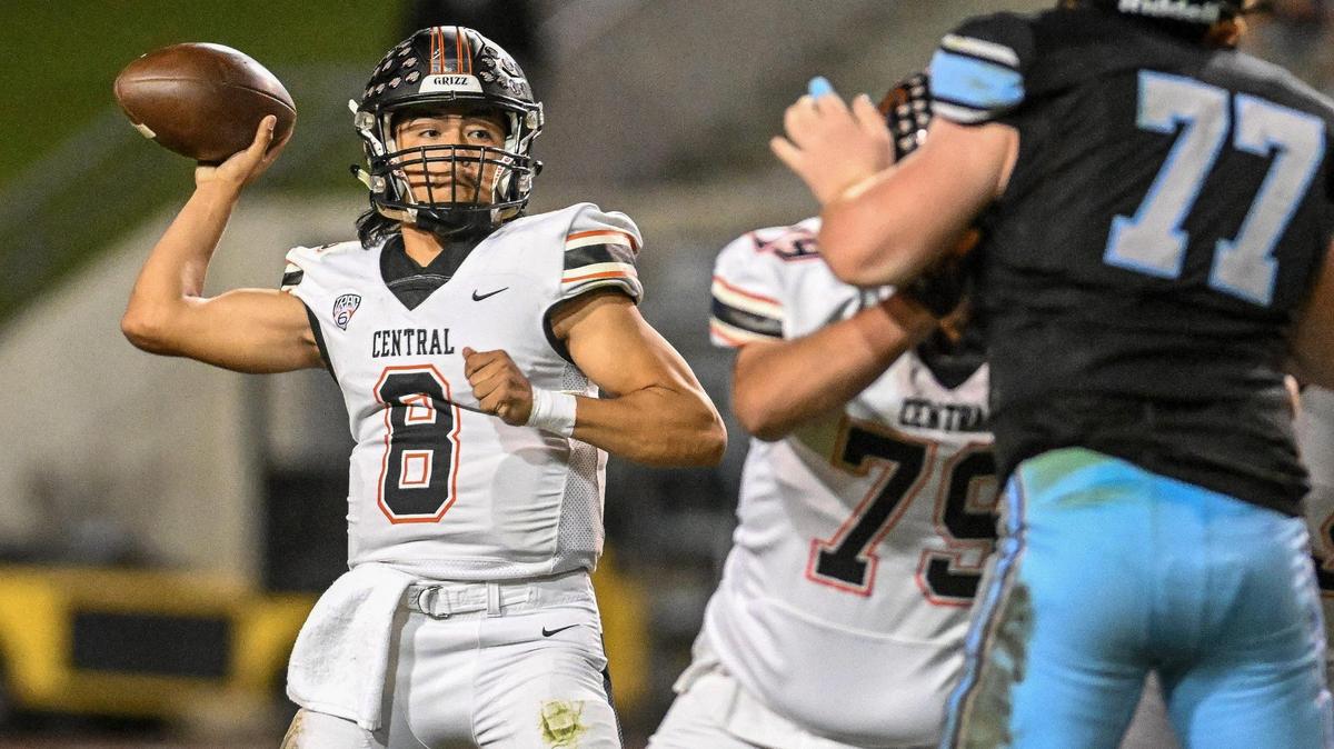 Central quarterback David Marquez throws against the Clovis North defense during their their Tri-River Athletic Conference football final at Veterans Memorial Stadium on Thursday, Oct. 26, 2023.
