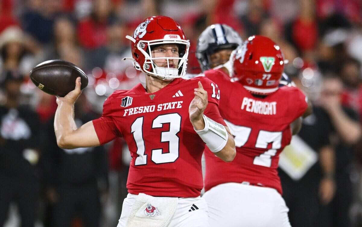 Fresno State quarterback E.J. Warner prepares to throw in the game against Nevada Saturday, Oct. 4, 2025 in Fresno.