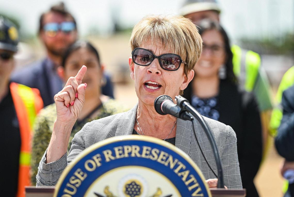 Lee Ann Eager, president and CEO of the Fresno County Economic Development Corporation addresses the media about a new 60,00-square-foot training center on the West Fresno Campus of Fresno City College to assist women, minorities, veterans, ex-offenders, at-risk and disconnected young adults and other underrepresented individuals as part of $11 million for local projects secured by Congressman Jim Costa through the Fiscal Year 2022 government funding package.