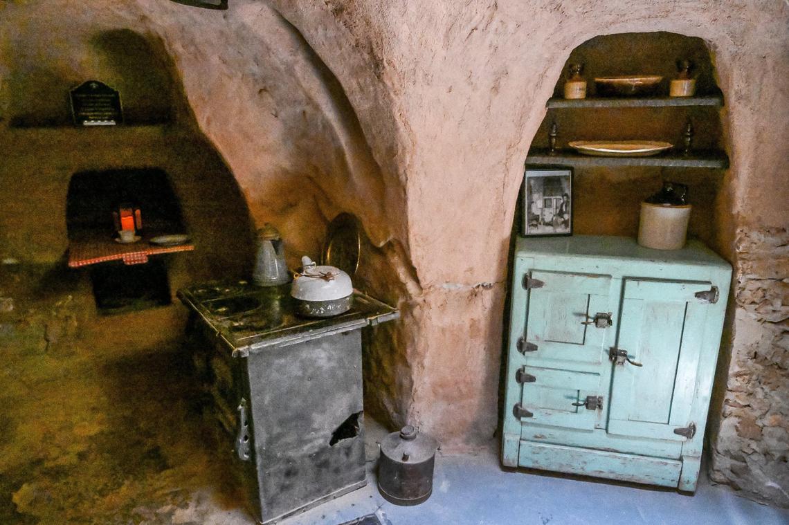 A below-ground kitchen and pantry area were part of the living quarters of Sicilian immigrant Baldassare Forestiere who constructed his underground gardens in Fresno beginning in 1906 until his death in 1946.