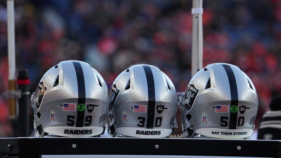 A general picture of NFL helmets during the Las Vegas Raiders v the Denver Broncos of an NFL football game Sunday, November 20, 2022, in Denver.