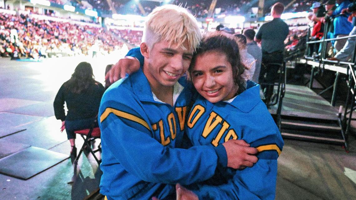Dario Lemus and his sister Leilani Lemus, both of Clovis High, congratulate each other after both won their CIF State Championship wrestling matches at Mechanics Bank Arena in Bakersfield on Saturday, Feb. 25, 2023.