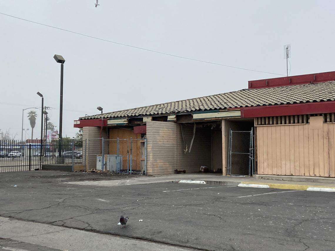 Damage from a Nov. 22 fire is visible at the back of the downtown Fresno Denny’s.