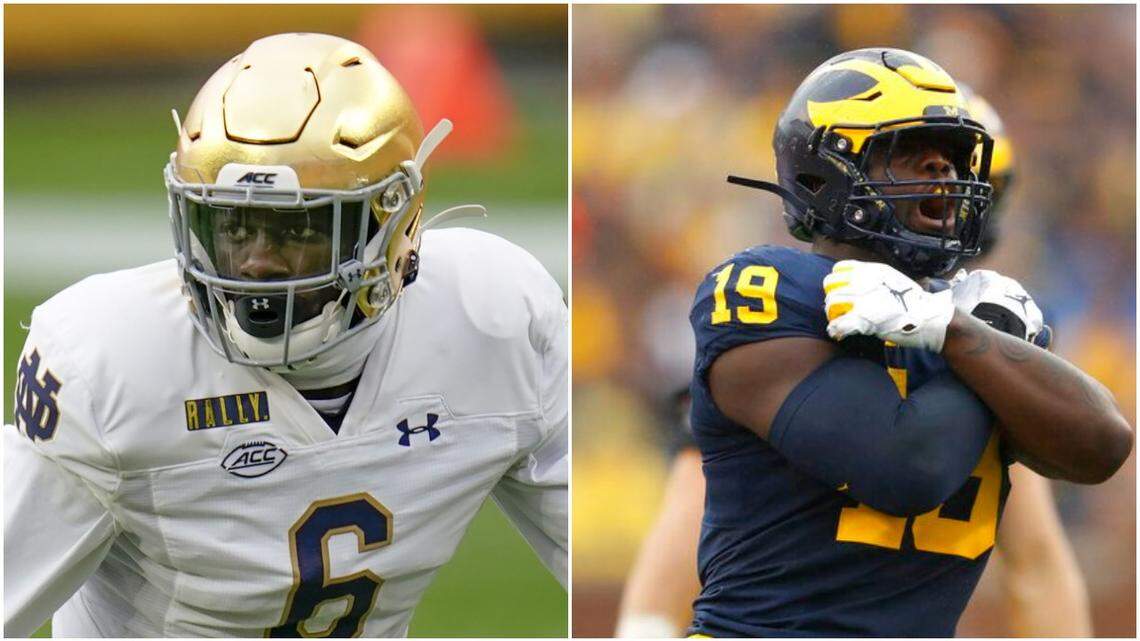 Could the Las Vegas Raiders select Jeremiah Owusu-Koramoah of Notre Dame or Kwity Paye of Michigan with the 17th overall pick of the 2021 NFL draft. Some draft analysts were split.