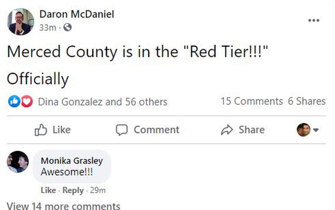 Merced County Board of Supervisors Chairman Daron McDaniel posted on Facebook about Merced County being added to red tier.