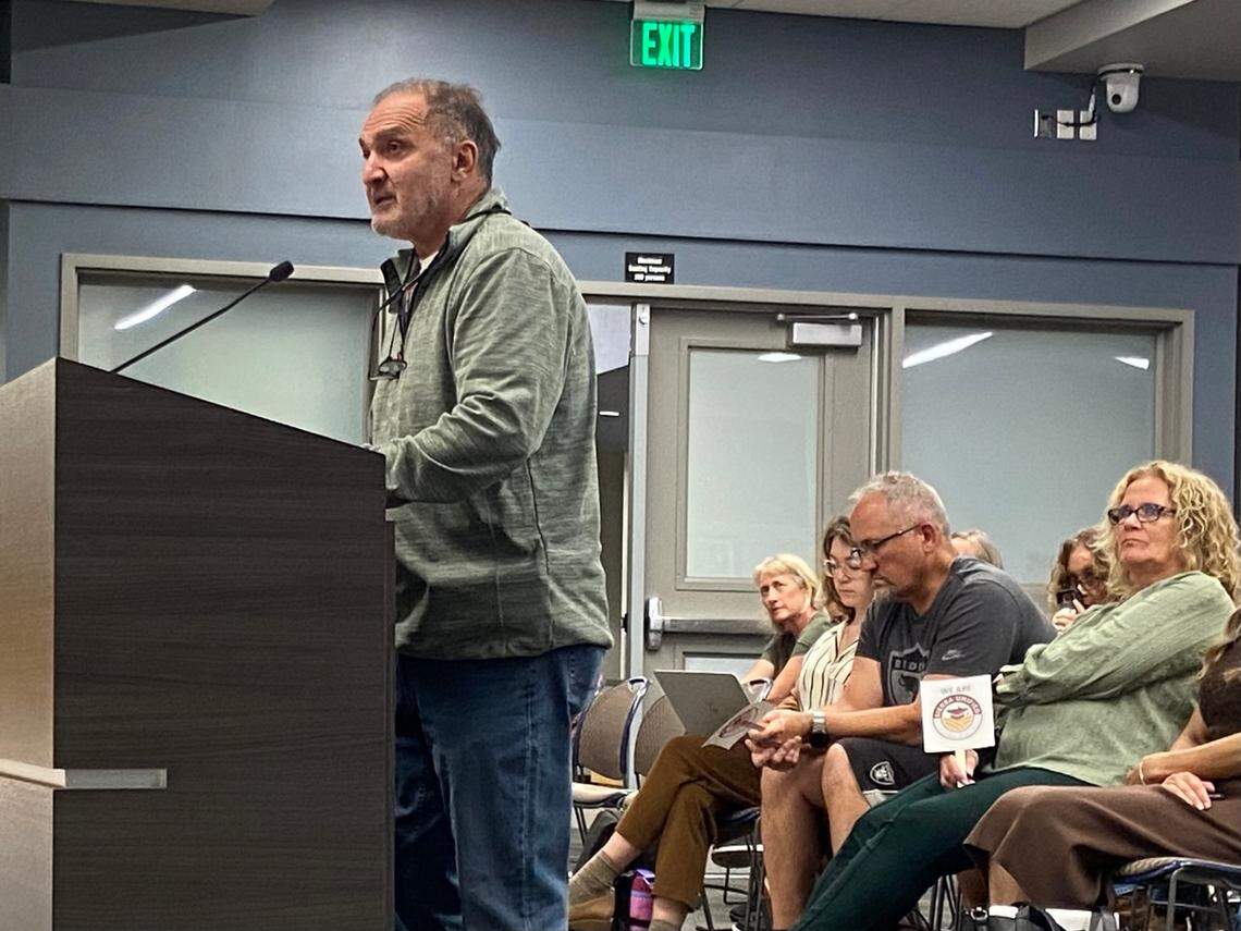 Granville Homes CEO Darius Assemi speaks during Tuesday’s Fresno County Committee on School District Organization public hearing in Clovis. Assemi spoke in support of the petitioned transfer of 630 foothill acres, including the gated community of Ventana Hills, from Sierra Unified School District to Clovis Unified.