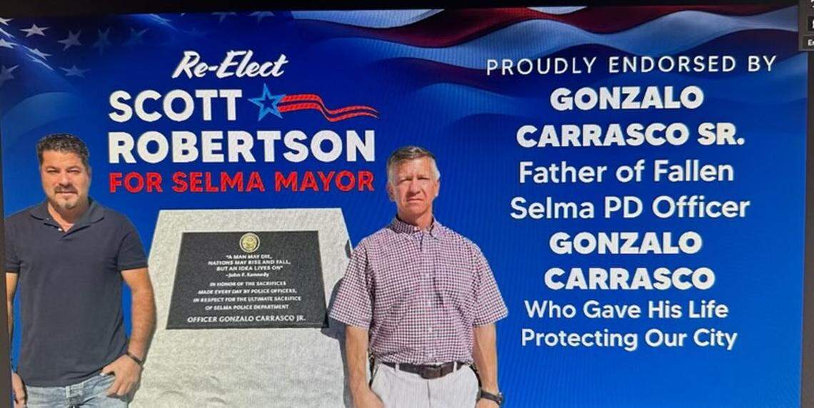 Mayor Scott Robertson of Selma has used a photo with the father of slain officer Gonzalo Carrasco Jr. in his re-election campaign ads for 2024, which has upset the family of Carrasco, the Selma Police Officers Association says. Robertson says it was a misunderstanding and a political ploy by his opponents.