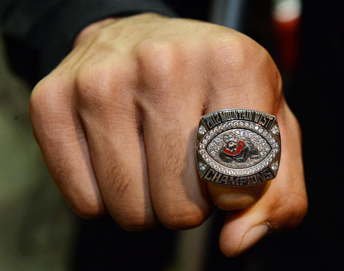 Fresno State safety Derron Smith shows off his Mountain West division championship ring he, along with the rest of the team, received at the annual awards banquet in Fresno Friday, March 22, 2013.