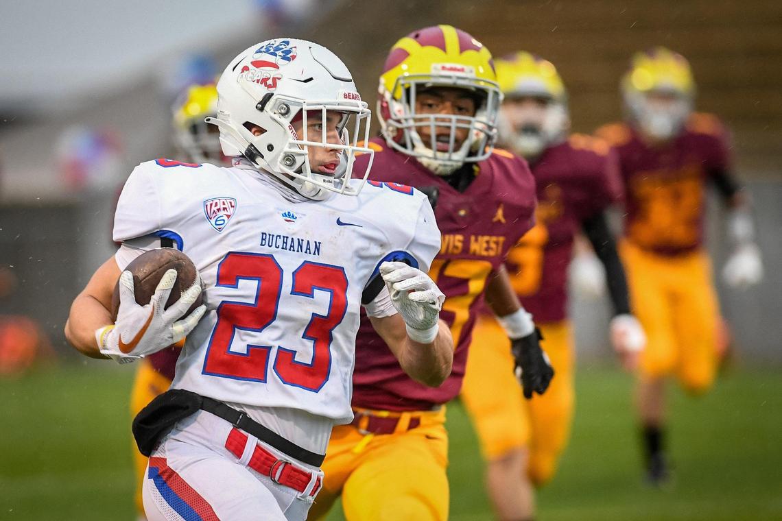 Buchanan’s Hayden Petersen takes the opening kickoff the length of the field for a touchdown against Clovis West during their game at Lamonica Stadium in Clovis on Friday, March 19, 2021.