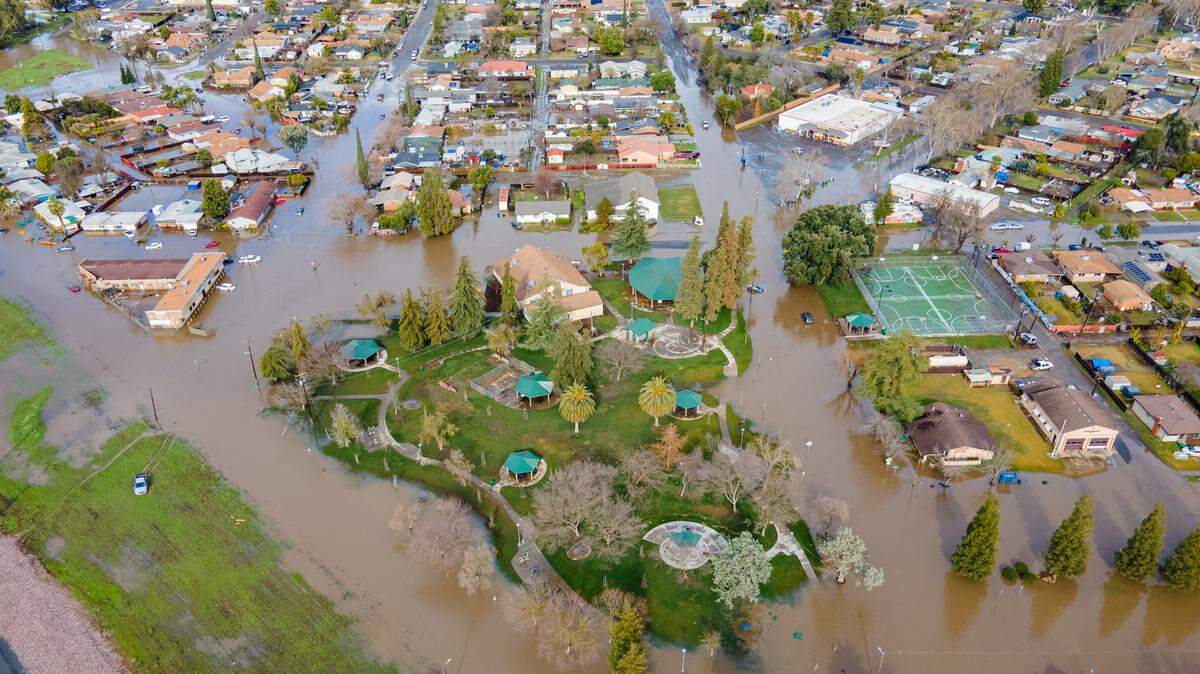 An aerial photo of flooding in Planada’s Houlihan Park in Merced County is shown here.
