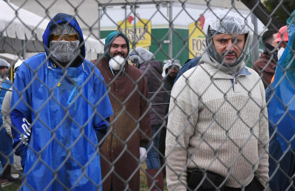Workers at the Foster Farms facility in southeast Fresno wait outside in the cold as a Fresno Fire HAZMAT team responds to a carbon dioxide leak Friday, Dec. 23, 2022 in Fresno.