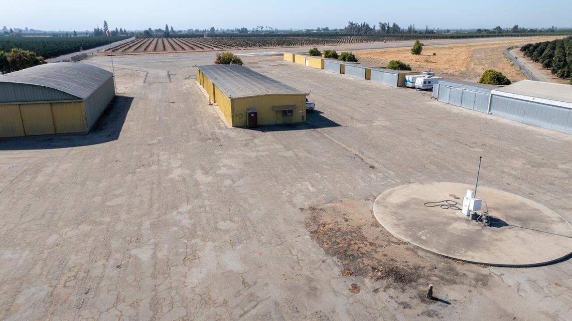 Eckert Field, a small airport facility in the small South Valley town of Strathmore, is for sale for $1.275 million. The airport has ties to World War II. In addition to 20 hangars on the property, there is also a fuel pump that’s currently empty.