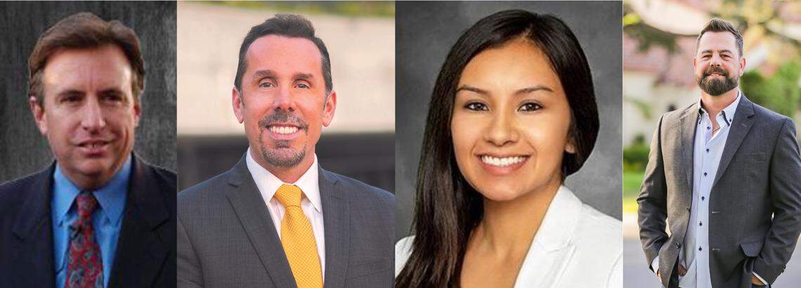 The four candidates running for Fresno City Council, District 1 in the June 2022 primary election, from left to right: Mike Briggs, Cary Catalano, Annalisa Perea, and Jeremy Preis.