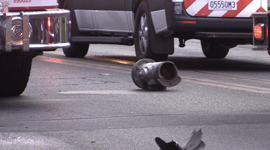 A fire hydrant is seen on a Fresno roadway following a crash at McKinley and Blackstone avenues on Saturday, Sept. 10, 2022.