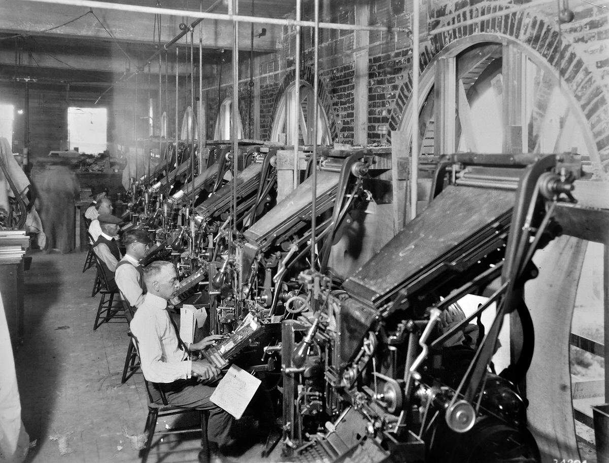 Linotype operators in October 1922 set type for stories in The Fresno Bee’s original downtown Fresno building.