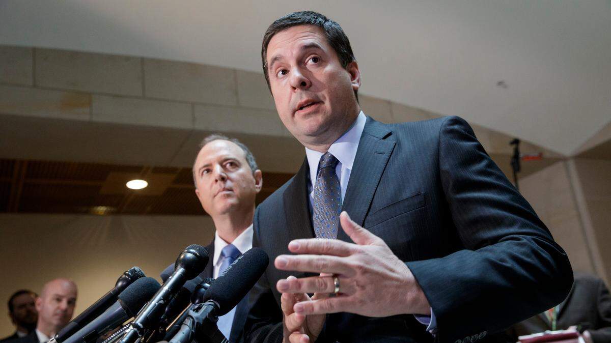 House Intelligence Committee Chairman Rep. Devin Nunes, R-Tulare., right, accompanied by the committee’s ranking minority member, Rep. Adam Schiff, D-Calif., talks to reporters, on Capitol Hill in Washington on March, 15, 2017, about their investigation of Russian influence on the American presidential election.