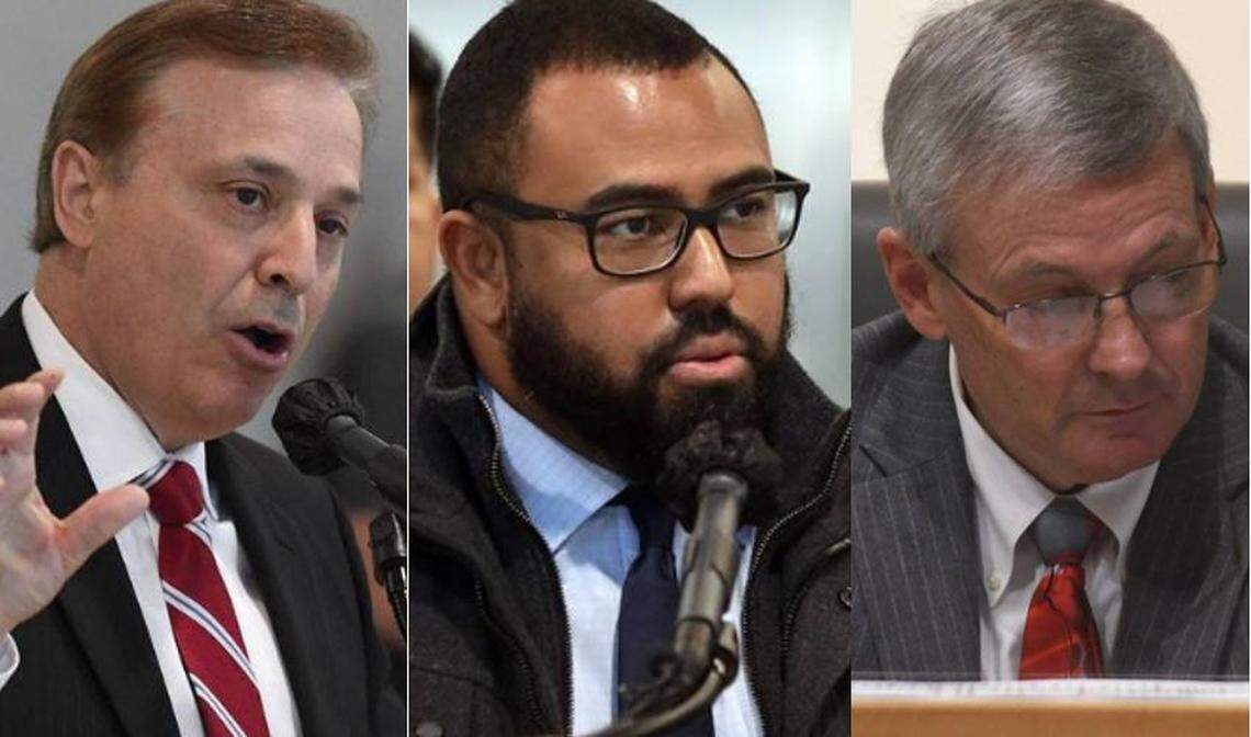 Fresno City Councilmember Garry Bredefeld, left, Fresno City Council President Nelson Esparza, center, and former Fresno City Attorney Douglas Sloan, right, are show in undated Bee file photos.