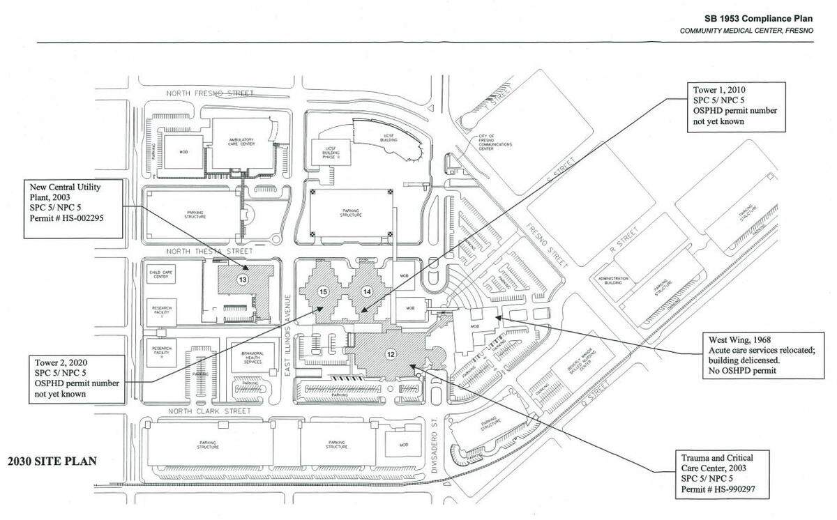 A site plan showing where two new patient towers would have been built at Community Regional Medical Center to comply with 2030 earthquake standards, according to records obtained by The Fresno Bee through a public records act request.