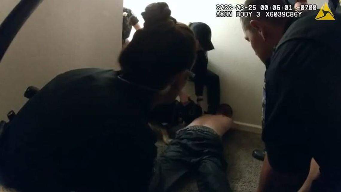 Isabel De La Torre is shown being restrained by Clovis police.