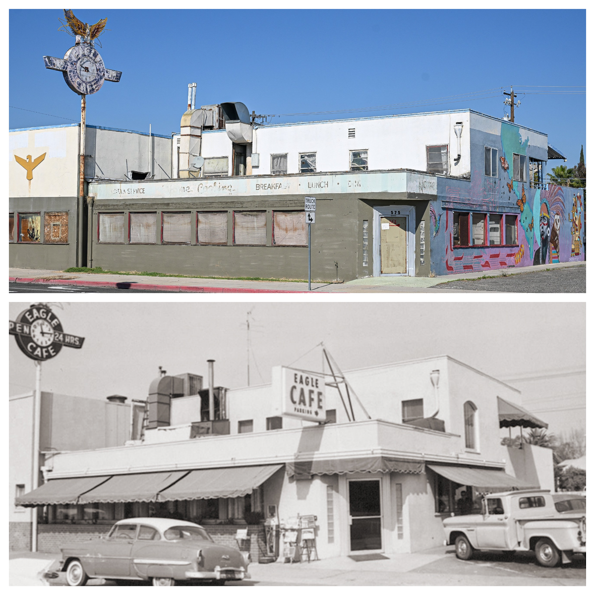 A collage that shows what the Eagle Cafe at 575 Divisadero Street in downtown Fresno looks like today compared to the 1950s. The Eagle Cafe operated in that building from 1946 until 1978. In the years that followed, three other restaurants tried to occupy the spot but didn’t last long.