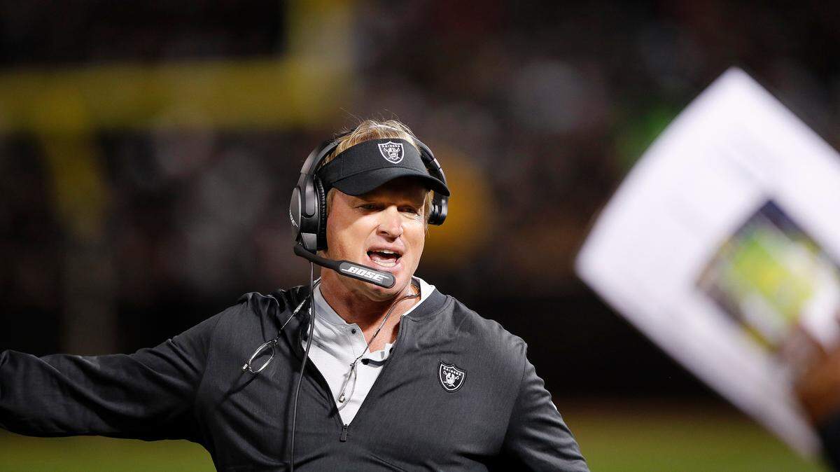 Oakland Raiders head coach Jon Gruden gestures during the first half of an NFL preseason football game between the Raiders and the Detroit Lions in Oakland, Calif., Friday, Aug. 10, 2018.