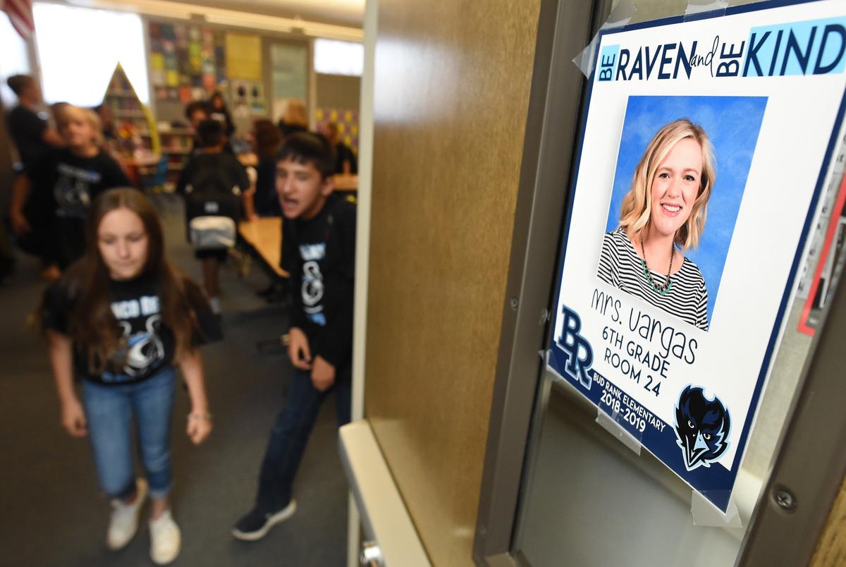 Bud Rank Elementary sixth-graders head out to P.E. from the class of teacher Allison Vargas, Monday afternoon, March 25, 2019. Vargas is battling colon cancer and will leave the school Friday for a leave of absence to spend more time with her 1 1/2-year-old daughter and husband. Her students have set up a GoFundMe account to help her with expenses.