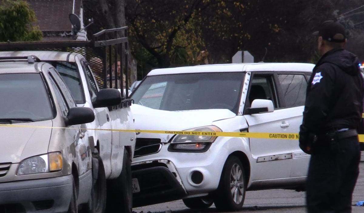A man is in the hospital after he was shot and his vehicle crashed into one that was parked in a Fresno, California, neighborhood on Saturday, Jan. 20, 2024.