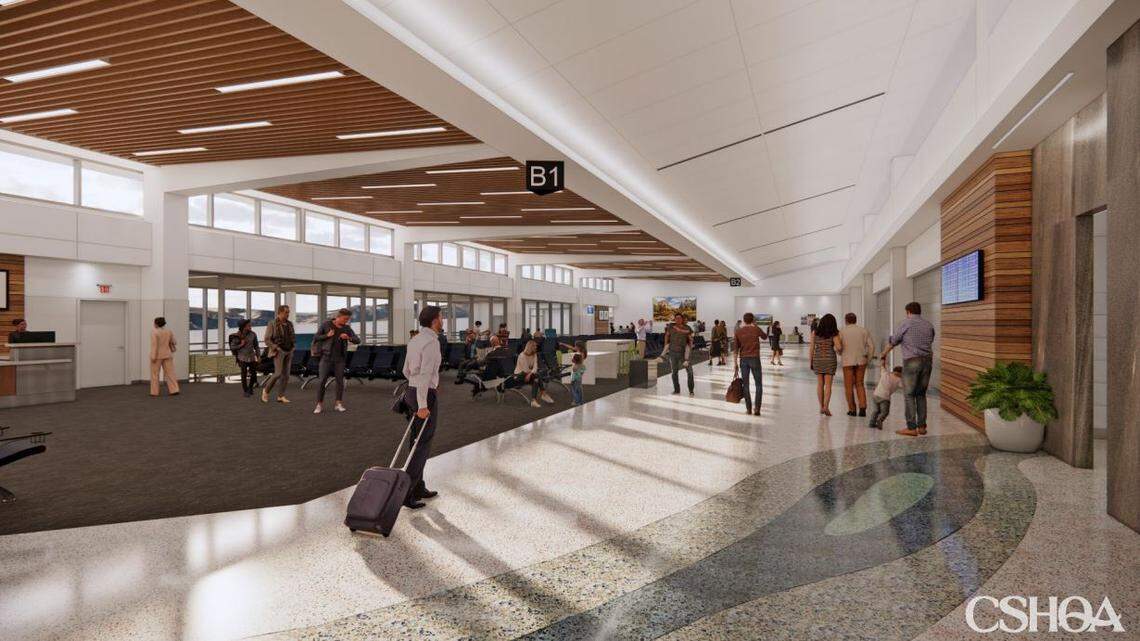 An artist’s rendering depicts the expected appearance of passenger waiting areas in a new Concourse B at Fresno Yosemite International Airport. The concourse is part of an expansion program for the airport terminal that is expected to be open by the end of 2024.