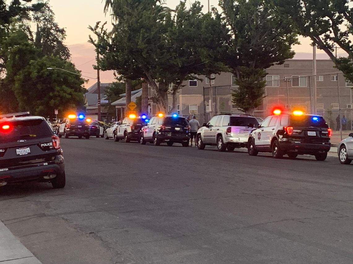 Fresno police at Dickey Park in central Fresno, where a man was rushed to a hospital Monday about 8 p.m. with a gunshot wound. The park, at Divisadero and Calaveras, was shut down for the investigation.