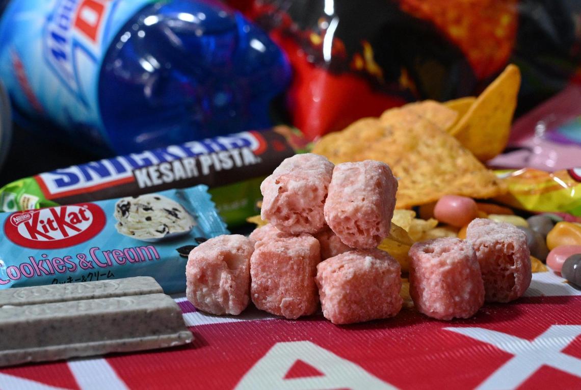 Brightly colored snack food and drinks can be found at Exotii Snaxxs, a business offering snacks in Asian-market labeled packaging. Photographed Monday, Oct. 14, 2024 in Fresno.