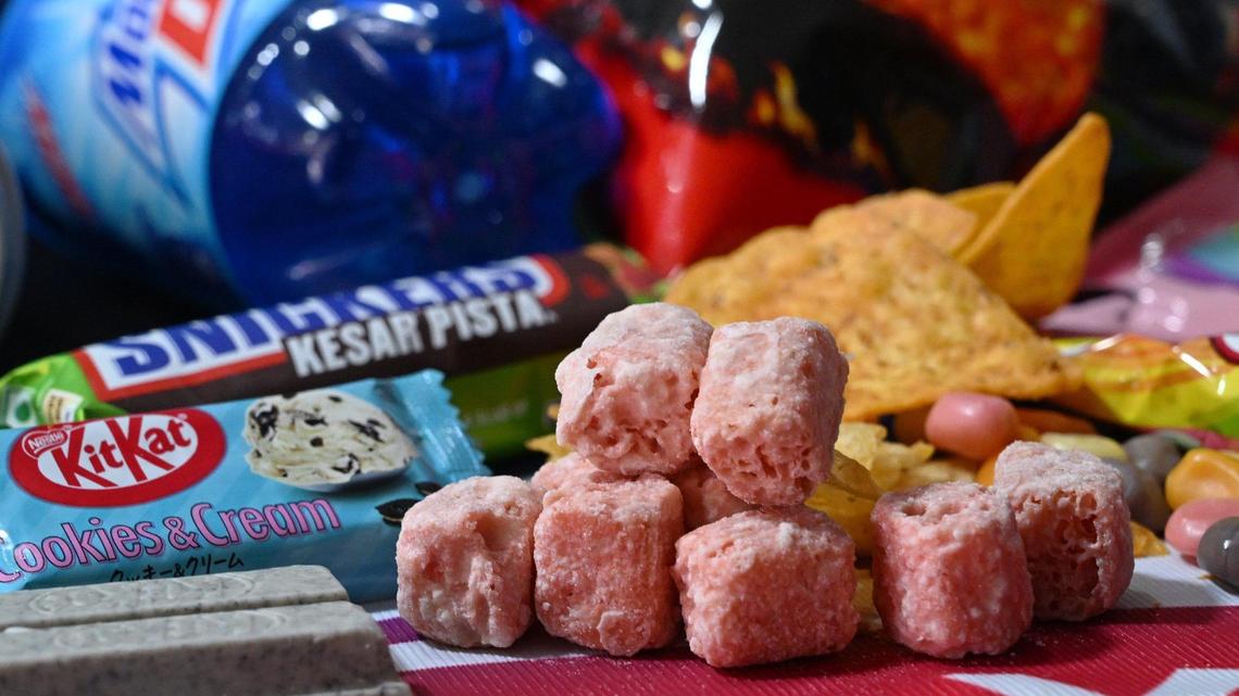 Brightly colored snack food and drinks can be found at Exotii Snaxxs, a business offering snacks in Asian-market labeled packaging. Photographed Monday, Oct. 14, 2024 in Fresno.