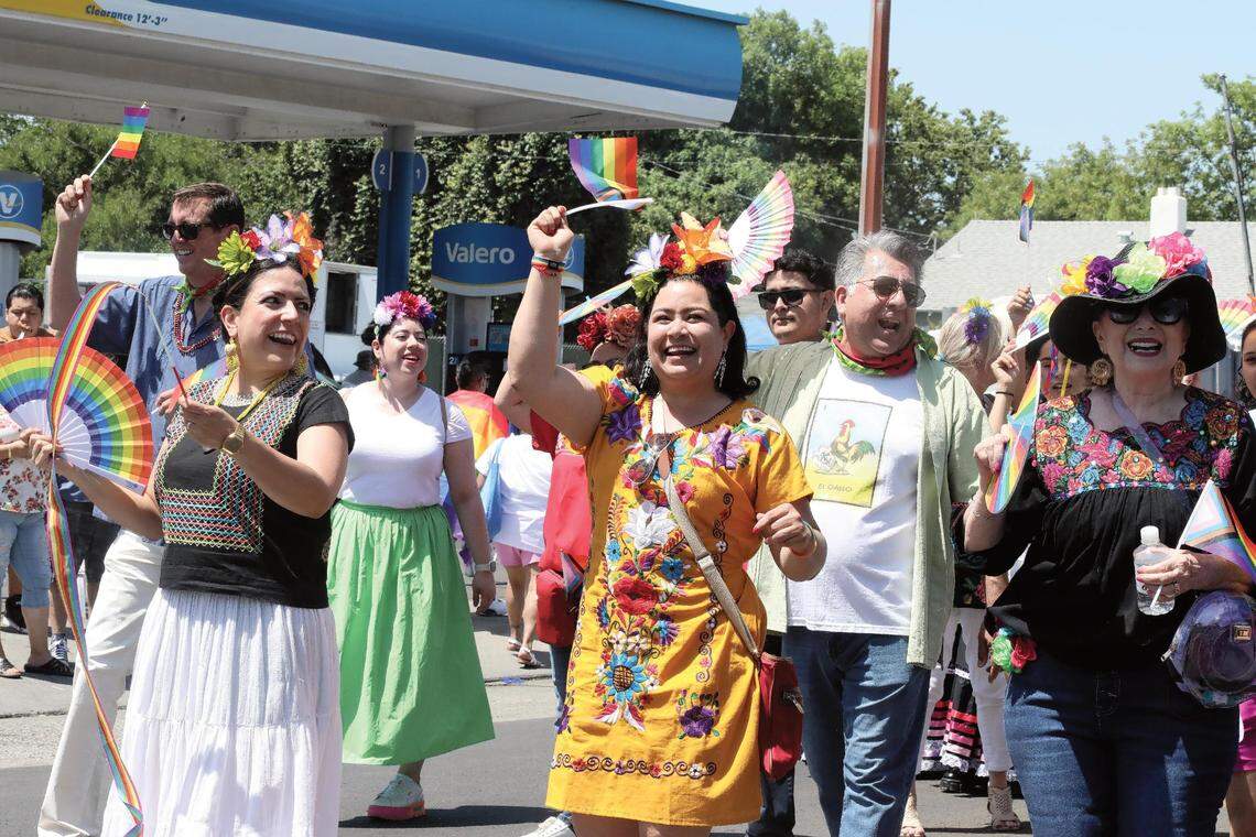 Deputy Consul Nuria Zúñiga, and Adriana González Carrillo (center), titular consul of the Consulate of Mexico in Fresno, participated in the Fresno Rainbow Pride Parade in the Tower District on June 3, 2023. Far right: Lupita Lomelí from Univision Fresno.