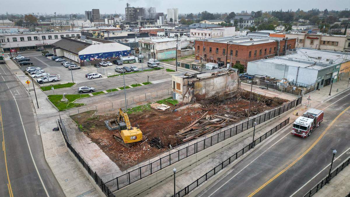 A building built in the late 1800s at Tulare Street and China Alley in Fresno's Chinatown has been mostly demolished and removed as of Tuesday, Dec. 9, 2025 after a fire burned through the vacant building on Dec. 7.