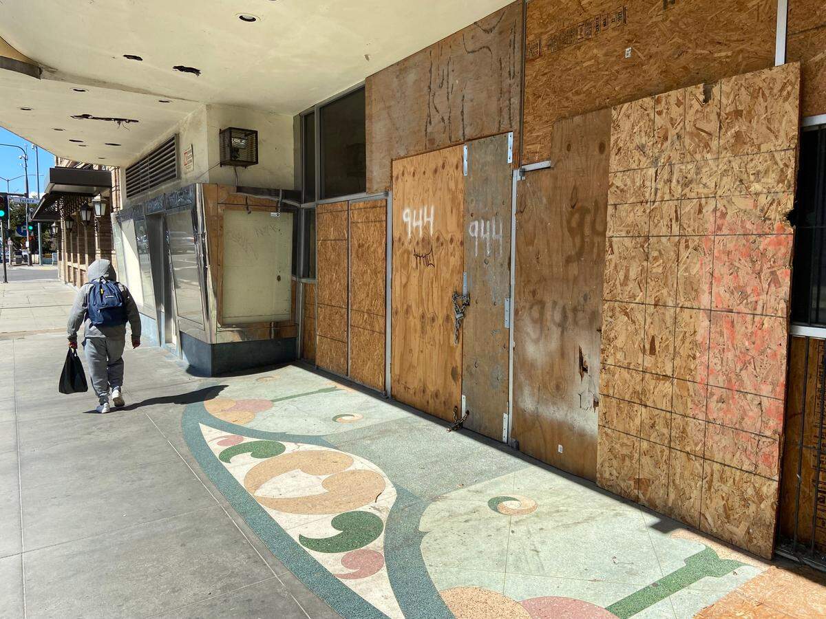 The boarded up front entrance of vacant Hardy’s Theater in downtown Fresno, California, as photographed on April 2, 2023.