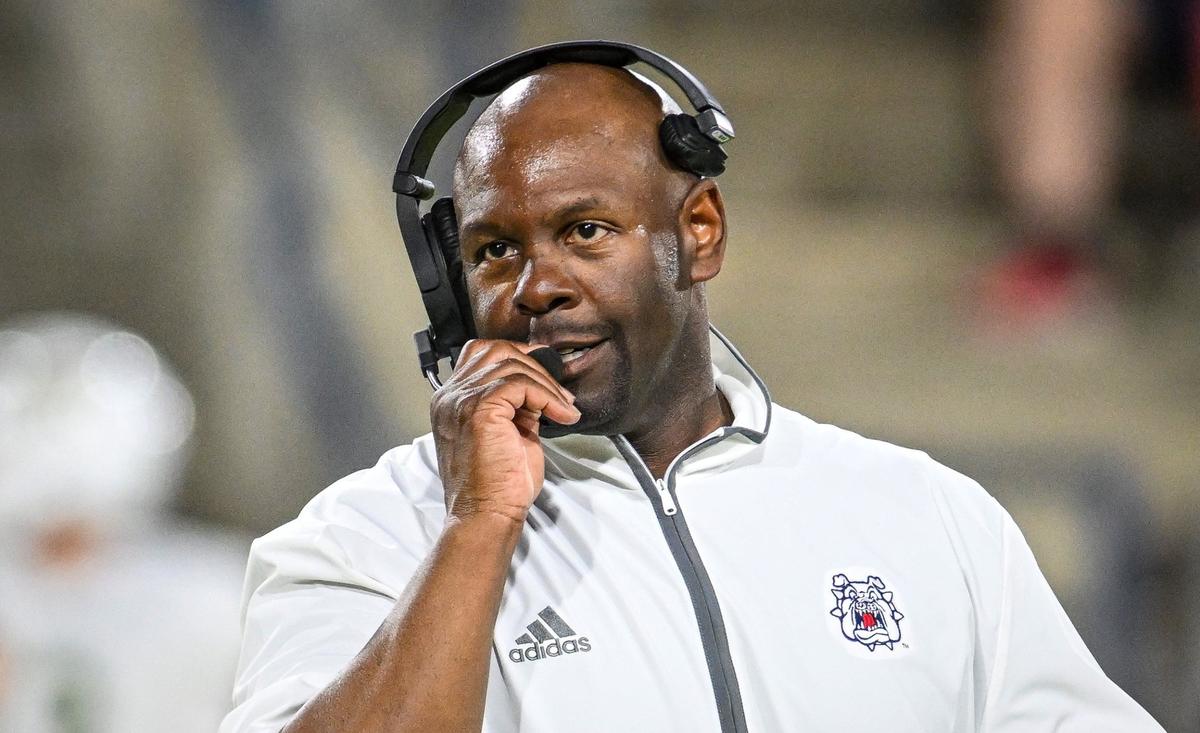 Fresno State interim head coach Tim Skipper coaches the Bulldogs from the sidelines during their game against Sacramento State at Valley Children’s Stadium on Saturday, Sept. 7, 2024.