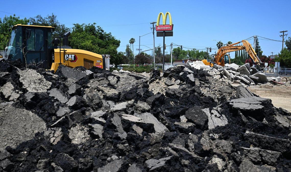 The McDonald’s in Tarpey Village near the intersection of Clovis and Ashlan avenues caught on fire in November 2023 and ended up being demolished. Construction to rebuild the restaurant began this month. Photographed Friday, June 27, 2025.