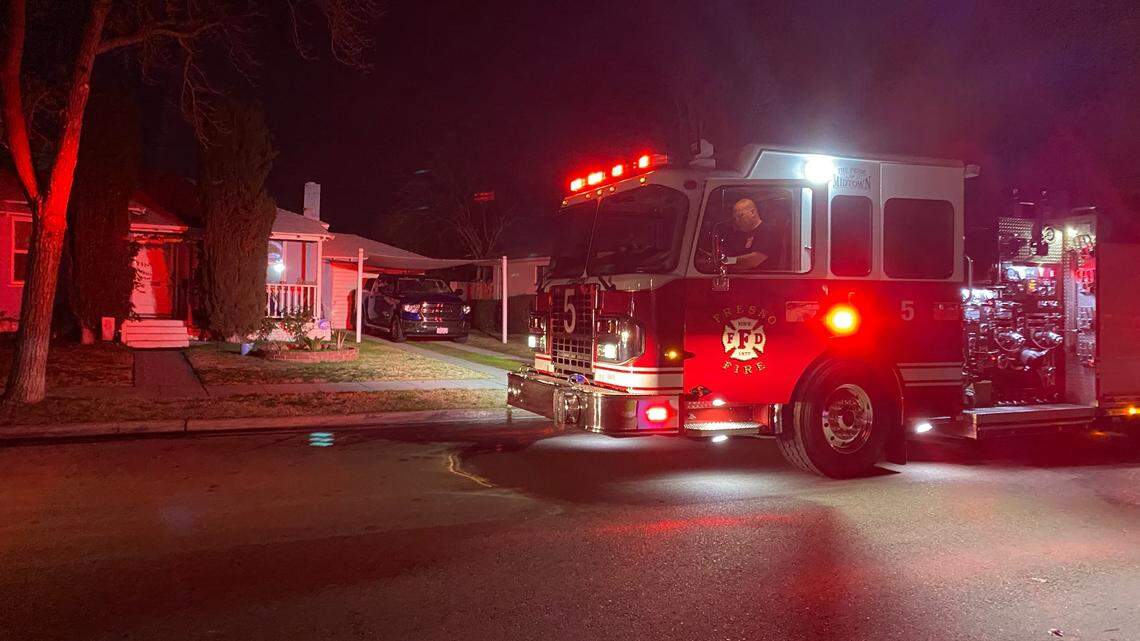A Fresno Fire Department engine and crew responds to an emergency call in this January 2024 file photo. Fresno’s 2024-25 city budget, adopted June 20, 2024, includes an injection of $2.3 million to keep a staffing level of four firefighters for each engine company in the city. An earlier proposal called for cutting three engines to three firefighters, and reducing the number of two-member medical squads, to help close a $47 million budget gap.