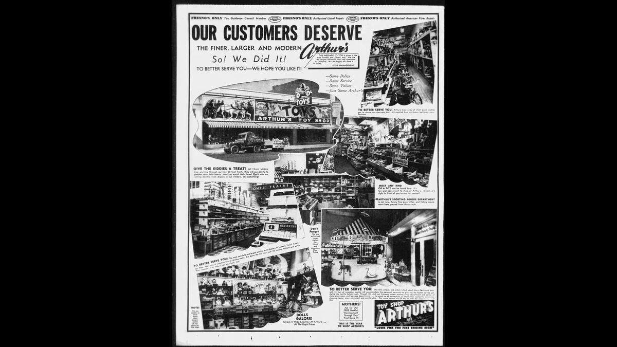 This ad, showing the original Arthur’s Toys, at upper right, appeared in The Fresno Bee in 1950.