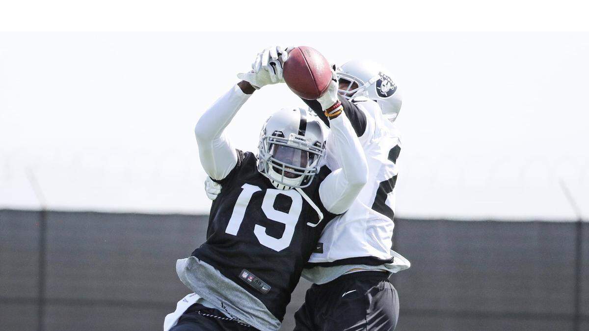 New Oakland Raiders wide receiver Brandon LaFell, 19, goes up for a catch in the team’s practice on Monday, Sept. 3, 2018.