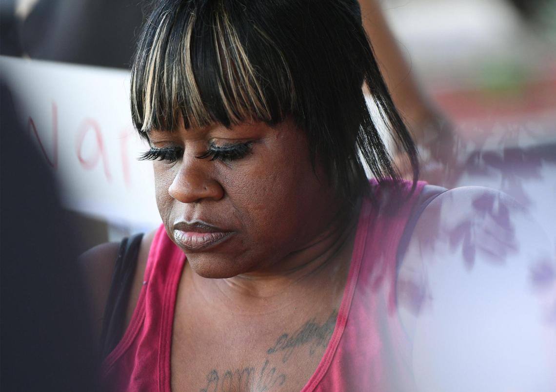 Ann Frank, the mother of the student who was struck by Wolters Elementary ex-principal Brian Vollhardt in the June 7 incident caught on camera,is seen at the protest held on behalf of her son Monday, Oct. 17, 2022 in downtown Fresno. Organized by Rev. Dr. Floyd D. Harris Jr., the protest took place on the eve of a pretrial hearing in the case.