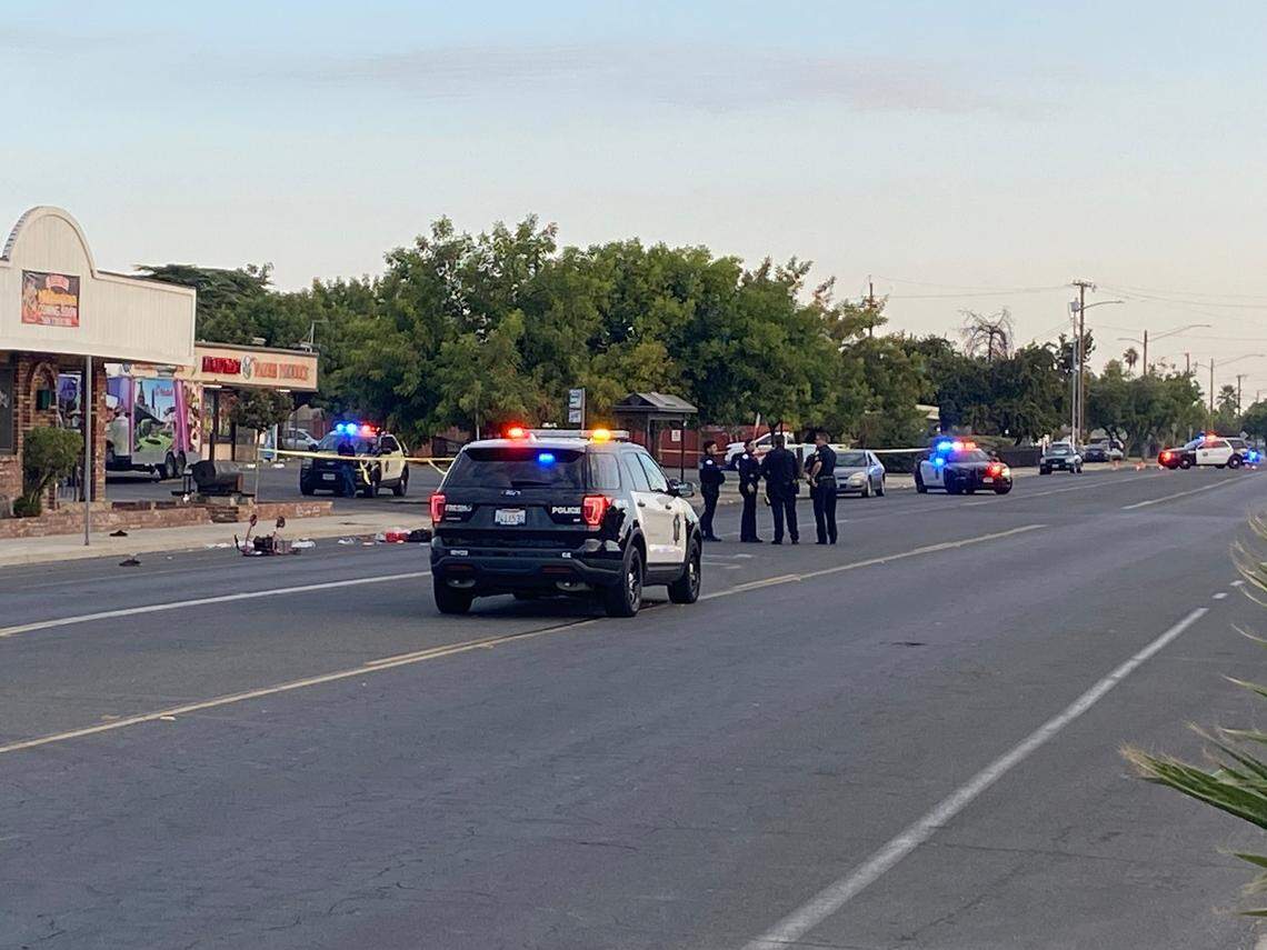 Police block Hughes Avenue north of Weber Avenue after a car struck an older pedestrian using a walker on Tuesday, Sept. 19, 2023, police said.